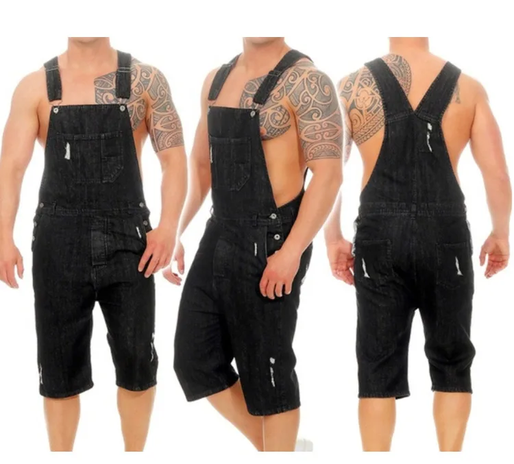 Men Denim Bib Overalls Shorts Ripped Jeans Jumpsuits Sleeveless Male Casual Working Protective Uniforms Summer Black Blue Safe (10)