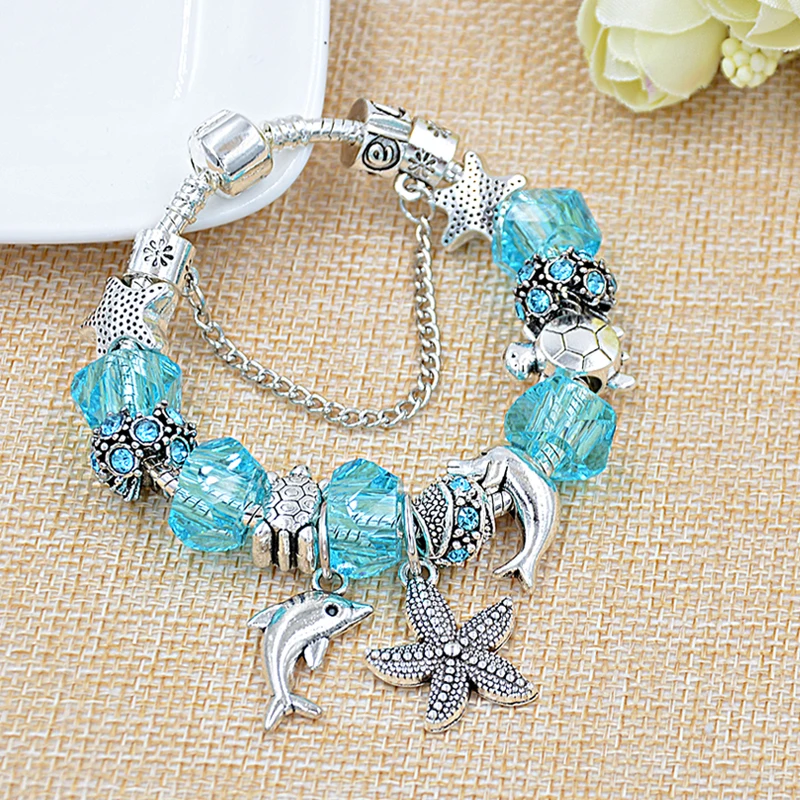 Dropshipping 5 Colors Ocean Starfish Dolphin Bead Bracelet DIY Crystal Charm Bracelets & Bangles Fashion Jewelry Gift Pulseras