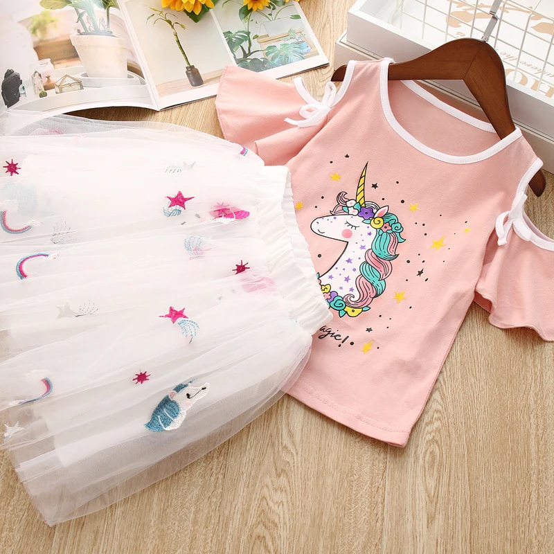 Vgiee Unicorn Girls Dress 2pc Clothes Set Baby Toddler Outfits Summer T- Shirt Children Kid Dresses for Girl 3 Years Party Dress