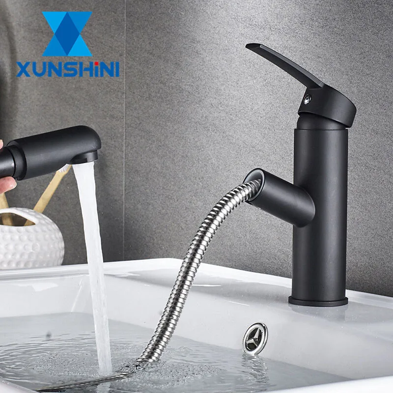 

XUNSHINI Bathroom Kitchen Basin Faucet Single Handle Pull Out Spray Sink Tap Hot And Cold Water Crane Deck Mount Faucets