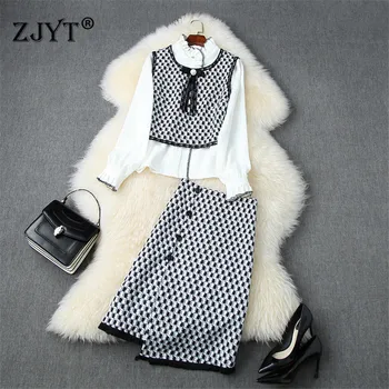 

Runway Designers Autumn Suit Women Fashion Long Sleeve Ruffle White Blouse+Bowknot Vest+Skirt 3 Piece Clothing Sets