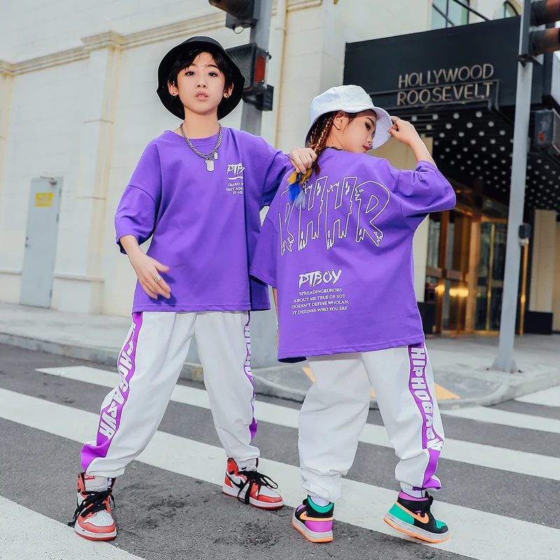 Summer Kids Hip Hop Boys Girls Street Dance Costume Purple T-Shirts Short Sleeves Outfit Hip-Hop Pants Jazz Dance Wear BL6238