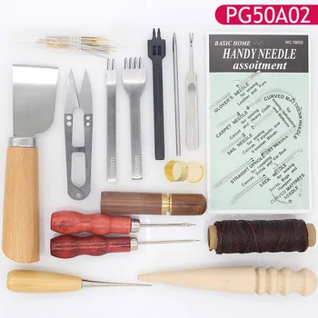 

15Pcs/Set Leather Craft Stitching Carving Working Sewing Saddle Groover Kit Wax Thread,Knife,Scissors,Awl and With Hole or Hook