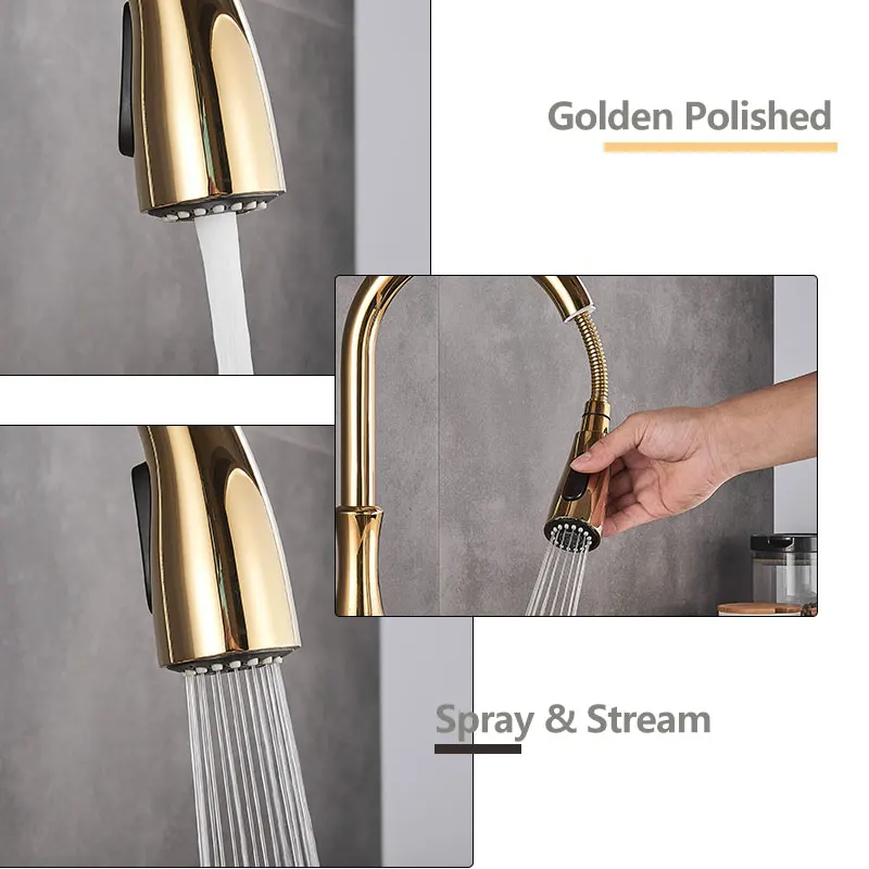 Golden Kitchen Faucets Pull Out Mixer Sink Tap 360 Rotation Single Handle Water 2-way Sprayer Mixer Tap