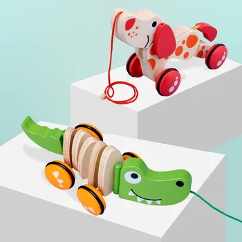

1 Set Wooden Pull Along Toy Walk-A-Long Croc Dog Baby Dragging Kids Puppy Baby Learn Walk Educational Toy Tractors For Kids Gift