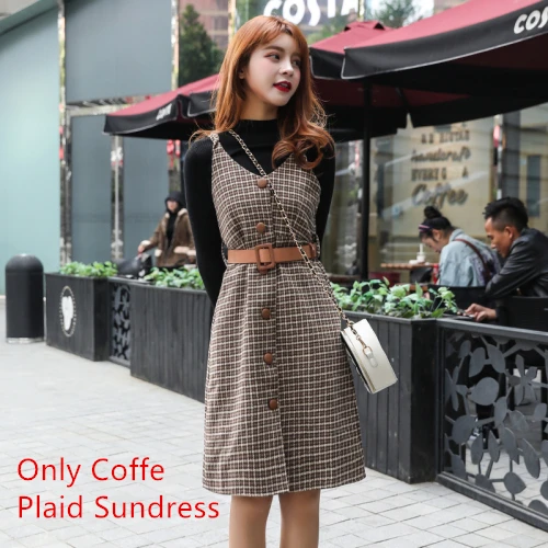 Coffe Plaid Sundress Осенне-зимний женский сарафан без рукавов в стиле ретро, шерстяной сарафан в клетку, Женские винтажные вечерние платья, Свободные повседневные комплекты свитеров - Цвет: Coffe Plaid Sundress