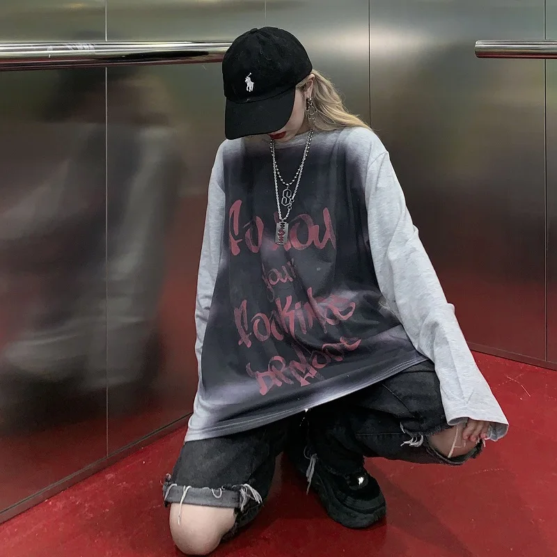 Tie Dye граффити контрастный пинт графическая свободная футболка с длинным рукавом Футболка пуловер для женщин и мужчин Уличная одежда Корейский Harajuku Панк Топ