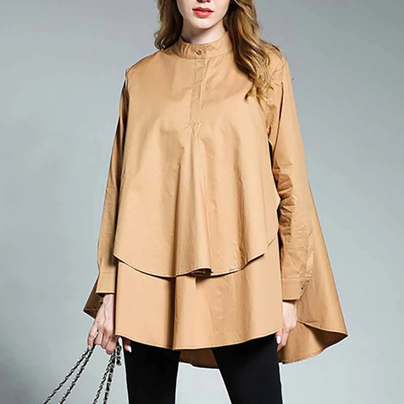 

[YaLee] New Fashion 2019 Summer Autumn Simple Stand Collar Long Sleeve Button Stitching Asymmetry Loose Blouse Shirt Woman N057