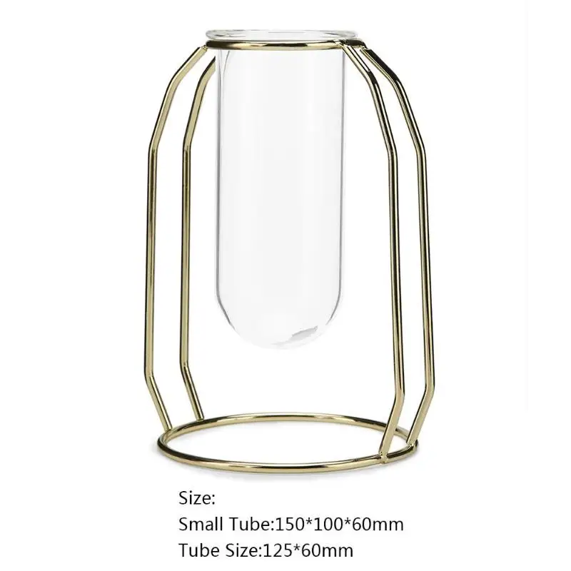 Nordic Vase Rose Gold Style Transparent Tube Glass Iron Art Ceometric Shape Flowerpot Home Wedding Accessories Decor