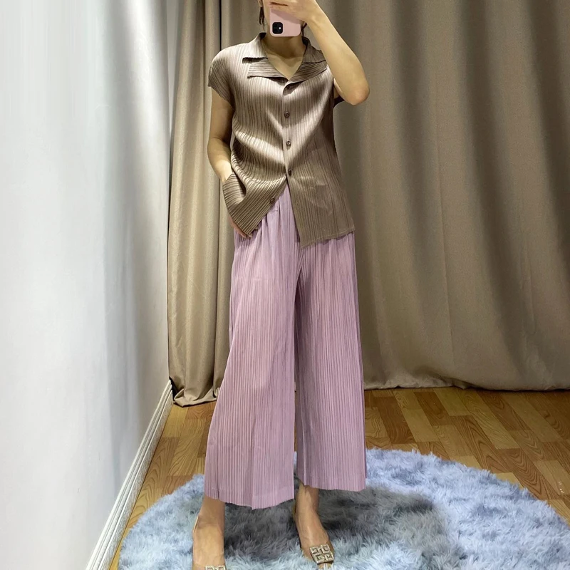 Летний плиссированный женский топ Miyake, базовые плиссированные топы, одноцветная однобортная рубашка с коротким рукавом