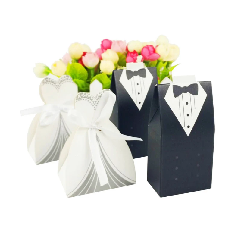 

100Pcs/lot Wedding Decoration marriage Bridal Gift Cases Groom Tuxedo Dress Gown Ribbon Wedding Favors Candy Box Sweet Case Bag