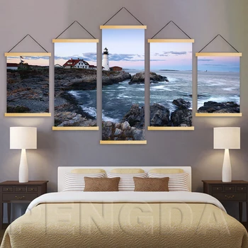 

Home Decoration Wall Artwork 5 Panel Lighthouse Sea View Painting Solid Wood Hanging Scrolls Canvas Print Modern Picture Poster