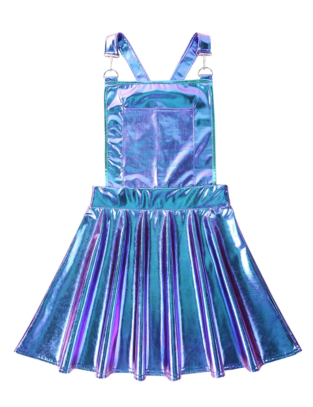 Womens Shiny Metallic Bib Overall Pinafore Prom Dress Rave Costumes Night Club Singer Dancewear Braces Mini Suspender Dresses