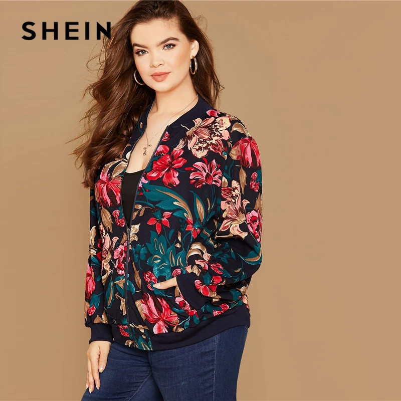 low cost  SHEIN Plus Size Floral Print Zipper Up Bomber Jacket Women Autumn Long Sleeve Stand Collar Coat Cut
