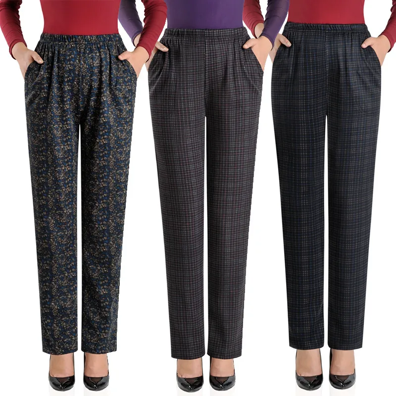 Large Size 2019 Spring Winter Middle-aged Women Grid Pants Warm Velvet Elastic Waist Casual Straight Pants Female Trousers W1516 Large Size 2019 Spring Winter Middle-aged Women Grid Pants Warm Velvet Elastic Waist Casual Straight Pants Female Trousers W1516