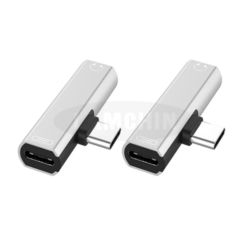 2PC Silver Mini Type C Audio Adapter For Huawei Samsung 2 in 1 Type C to TypeC Type-C to 3.5mm Jack headphone Cable Usb C Charging Adapter - Цвет: 2PC Silver