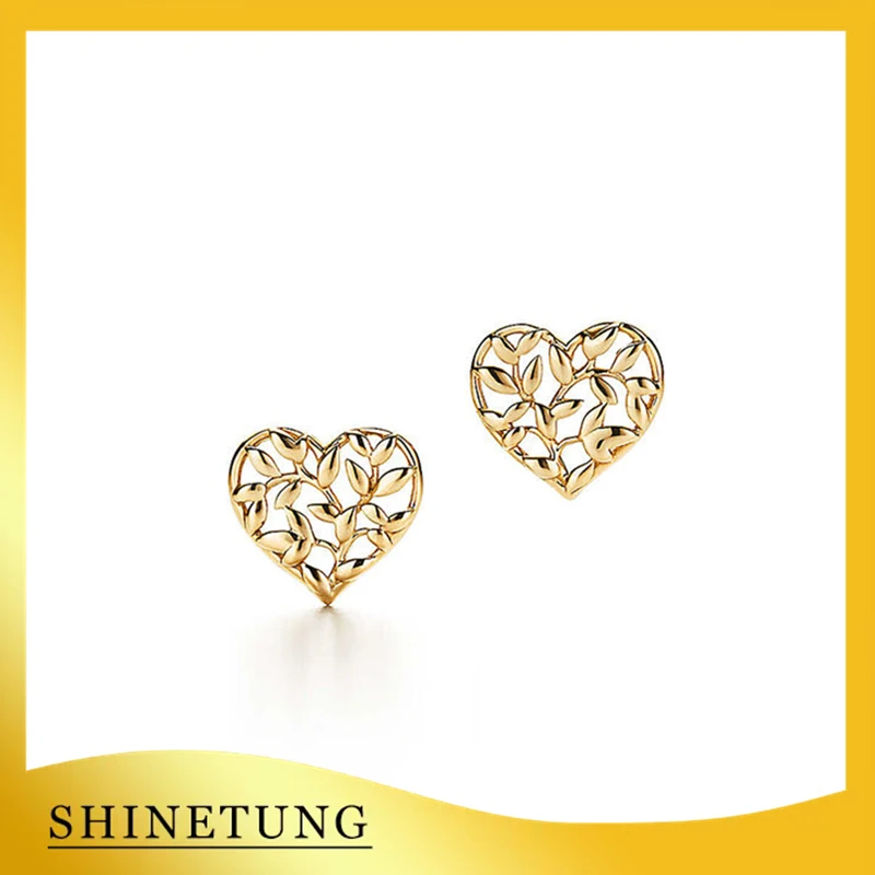 

1:1 Original Model S925 Sterling Silver Earrings Fashion Gold Color Heart-Shape Leaf Earrings Ladies LOGO Jewelry Birthday Gift