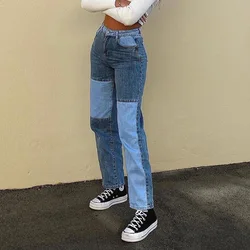Nova moda retalhos carga das mulheres jeans mulheres cintura alta botões voar streetwear calças retas retro punk calças jeans retas