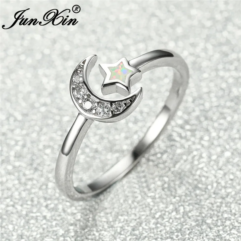 Real 925 Sterling Silver Ring Cute White Fire Opal Star Moon Rings For Women Open Adjustable Ring Wedding Bands Zircon Jewelry