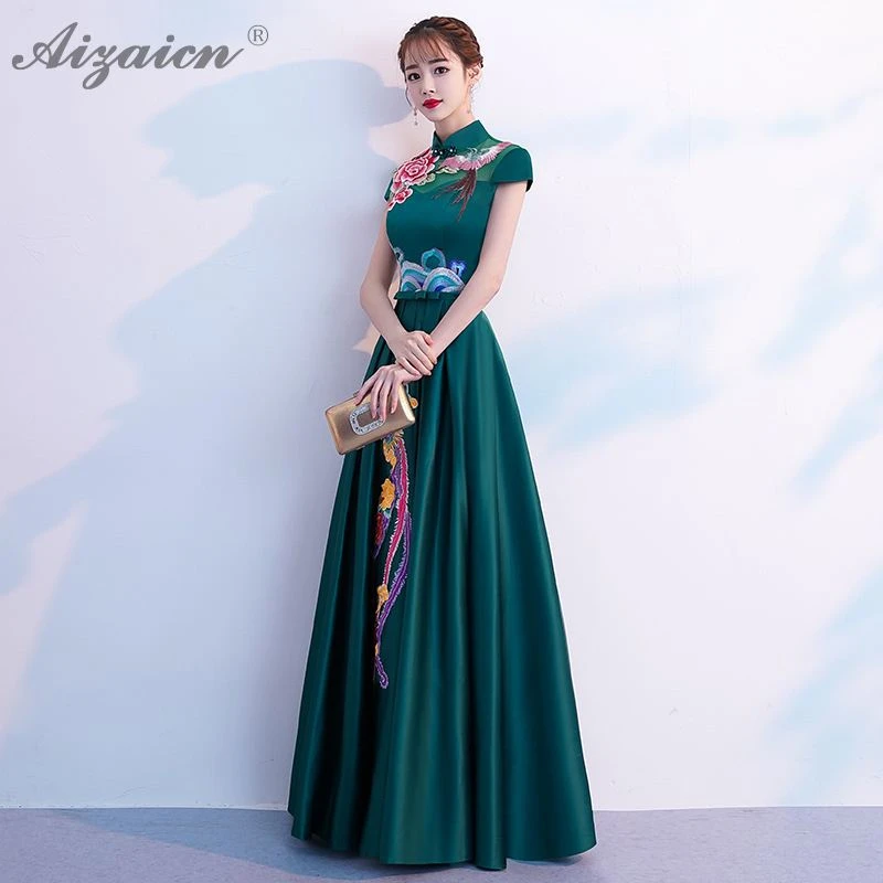 Зеленый вышивка Cheongsam современный Восточный стиль элегантные длинные платья Qi Pao для женщин Китайская традиционная одежда платье халат Ципао