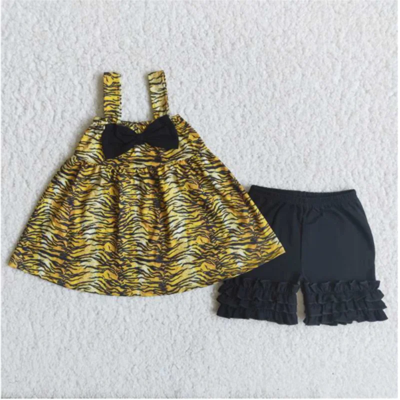 RTS Baby Girl Novel Design Fashion Kids Clothes Tiger Pattern Suspenders And Bow Knot Top Ruffle Shorts Summer Clothing Set | Детская