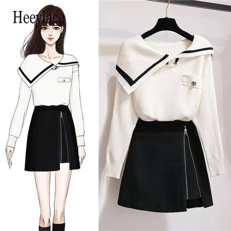 

Женский трикотажный костюм из двух предметов, пуловер с длинным рукавом и асимметричным воротником и юбка-трапеция на молнии с разрезом