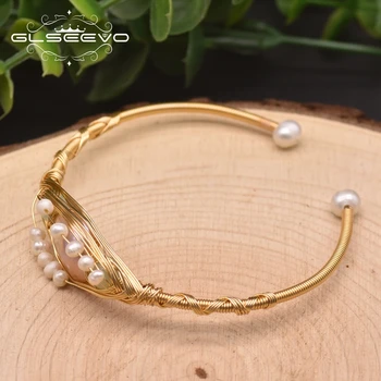 

GLSEEVO Natural Fresh Water Baroque Pearl Charm Bangle Bracelet For Women Wedding Handmade Designer Bangle Female Jewelry GB0930