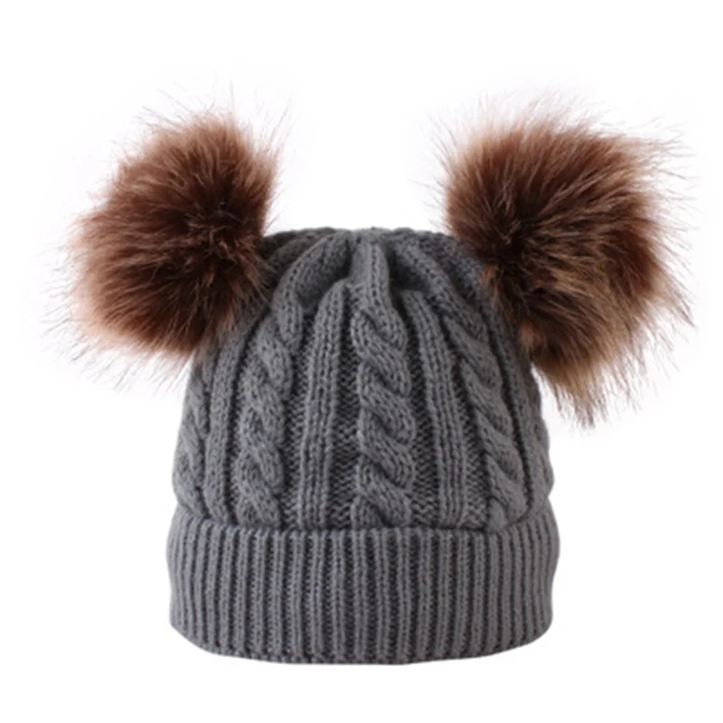 Two Pompons Knitted Baby Hats Extended Winter Wool Turban Beanie Warm Caps Soft Hat For Childern Girls Boys Cute Bonnet Winter - Color: 4