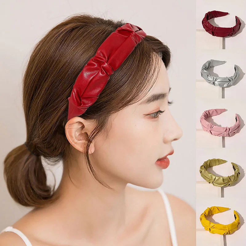 

Ruched Hair Hoop Solid Color Fashion Women Hair Accessories Pleated Artificial Leather Soft PU Leather Headbands Wide Head Hoop