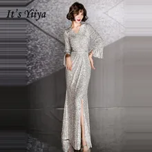 Это Yiiya вечерние платья Элегантное Серебряное Вечернее платье с блестками Длинные Memaid вечерние платья с разрезом и v-образным вырезом robe de soiree LF046