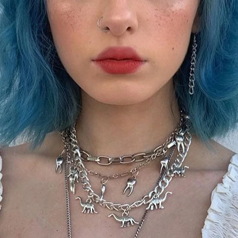 2021 Vintage Harajuku Goth Punk Metal Dinosaur Shape Pendant Chain Choker Necklace For Women Egirl Cool Hip Hop Trendy Jewelry