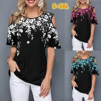 

Plus Size S-5XL 2020 Short Sleeve Off Shoulder O-neck Flower Print T-shirt Summer Tops Women Casual Loose T-shirt Tee Female