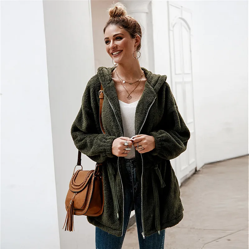 Новое свободное повседневное теплое шерстяное пальто с капюшоном и длинным рукавом для женщин