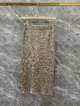 

2020 Early Autumn New Women's Heavy Work Nail Sequin Shiny Stitching Decorations All-match Mid-Length Skirt 809