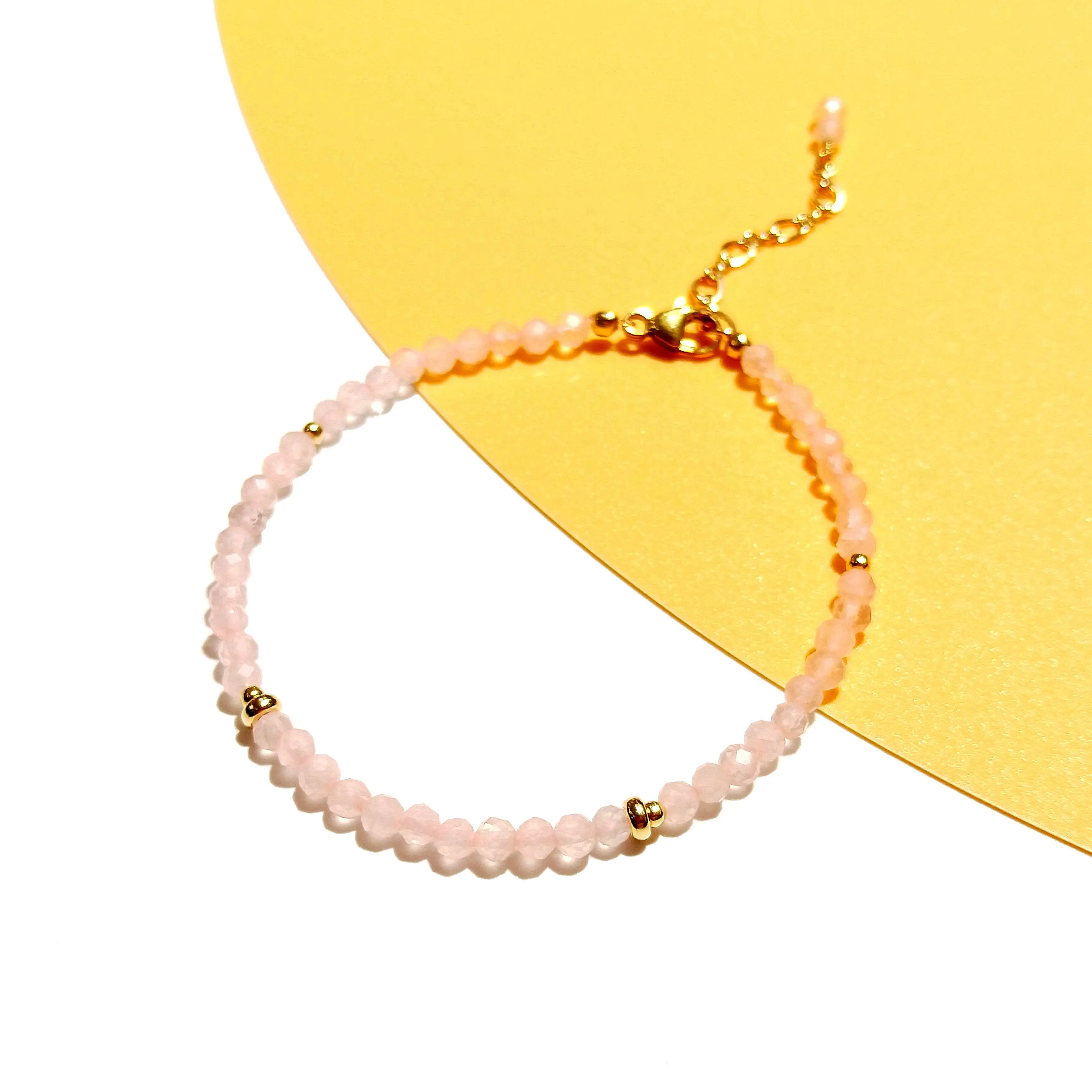 

Lii Ji натуральные 3 мм розовый кварц сверкающие бусины с американским 14K золотым полным браслетом 17 см + 3 см