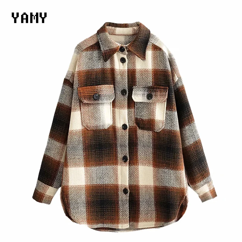 New Womens vintage Woolen Jacket Coat long sleeve Winter Jacket Coat turn down collar blends plaid thick oversized Outwear