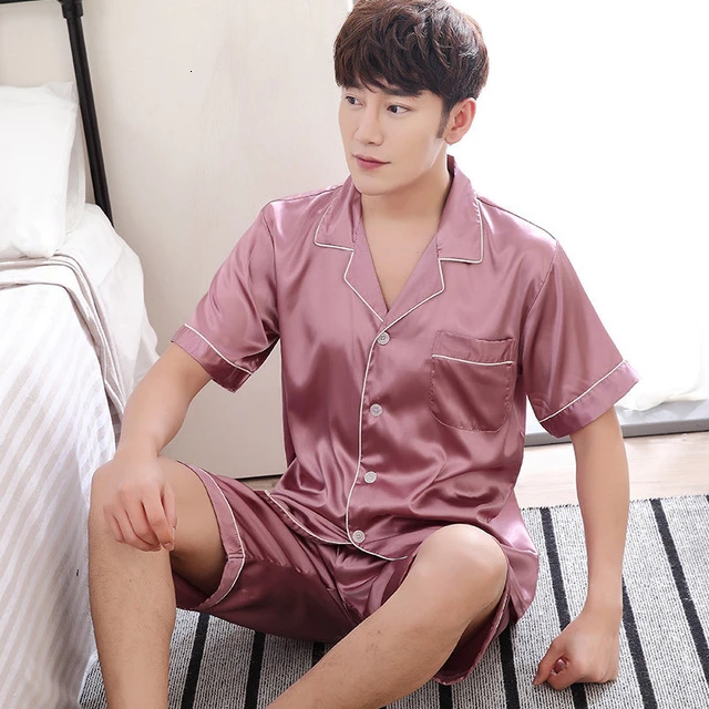 short sleeve Осенне-летний мужской шелковый пижамный комплект, мужские пижамы, шелковые мужские сексуальные мягкие уютные атласные ночные рубашки, мужская пижама, комплект для отдыха - Цвет: short sleeve