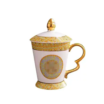 

Luxury Porcelain Tea Mug with Lid Gold Mosaic Horse Head Decor Ceramic Tea Mug and Cover Teacup Unique Boss Friends Father Gifts