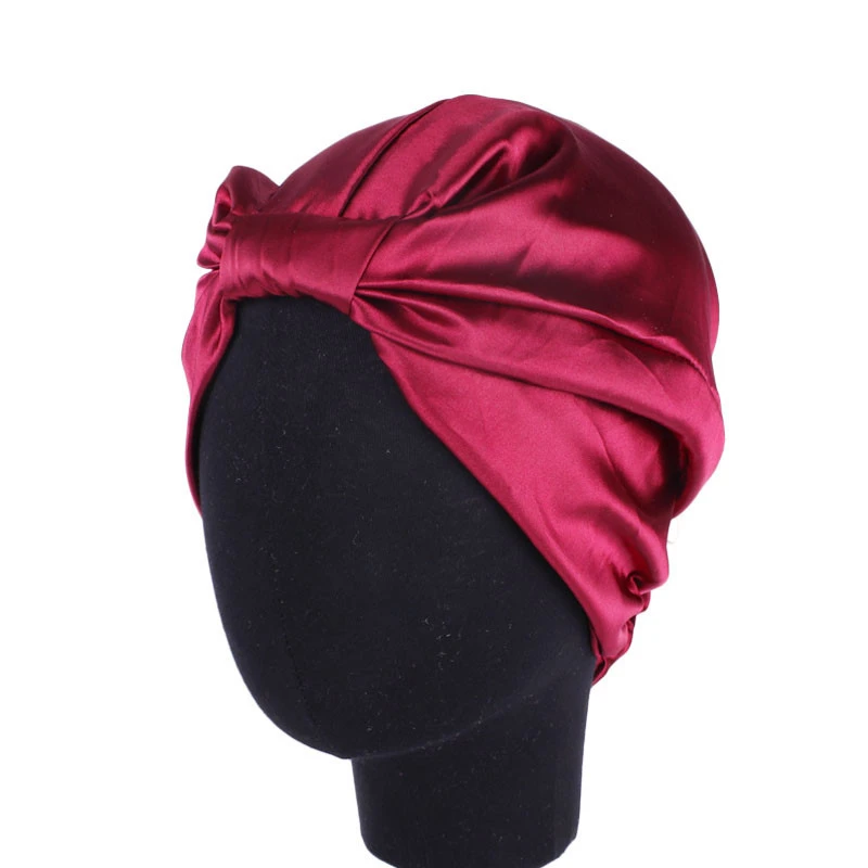 Женская двухслойная атласная повязка на голову, кепка chemo, контрастный цвет, плиссированная завязанная спереди шапочка, эластичная шапка для сна - Цвет: Wine