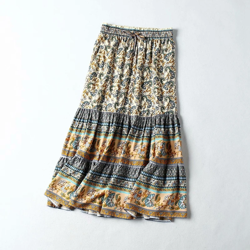 Everkaki Boho Длинные юбки с принтом женские осенние зимние цыганские пояса завязываются свободные каникулы Женские винтажные повседневные юбки женские Новые