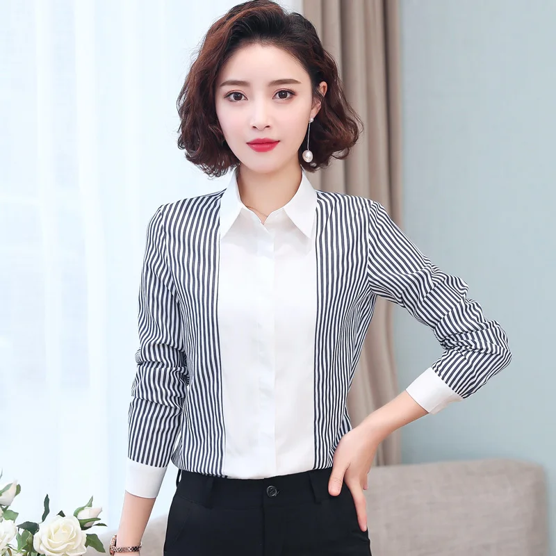 Female Spring And Autumn New Striped Shirt Feminine Fashion Korean Color Contrast Stitching With Long Sleeve Bottomed Top Lady new fashion men s slim bottomed turtleneck sweater korean version youth trend versatile autumn and winter thickened sweater