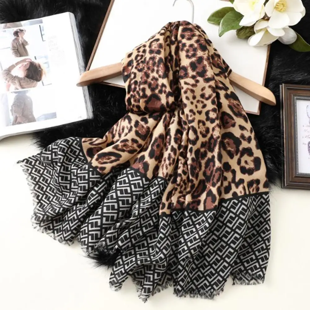 Хлопковый и льняной шарф женский леопардовый принт Солнцезащитная шаль Теплый животный принт шарф для поездок 180*90 см опт и розница