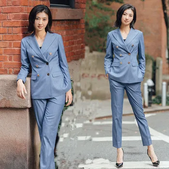 

2019 autumn women work office light blue striped double breasted blazer + ankle length pants OL elegant 2 pieces set y389