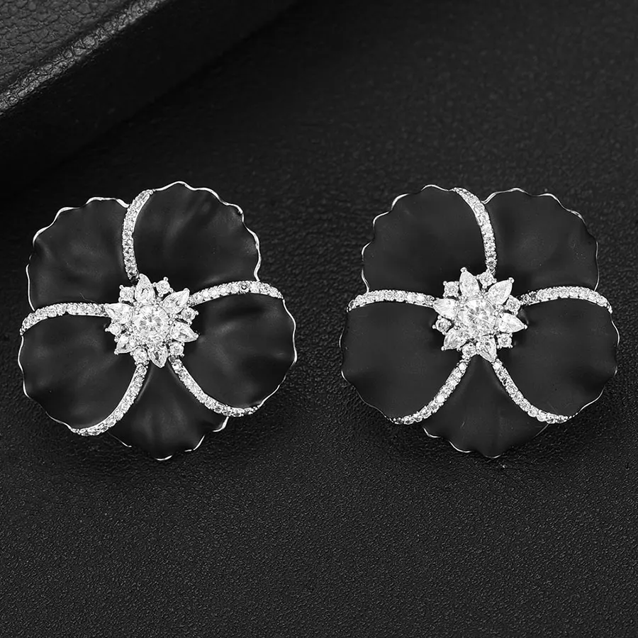 GODKI, известный дизайн, эмаль, цветок, серьги-гвоздики для женщин, аксессуары, полный кубический циркон, серьги, женские серьги - Окраска металла: Black