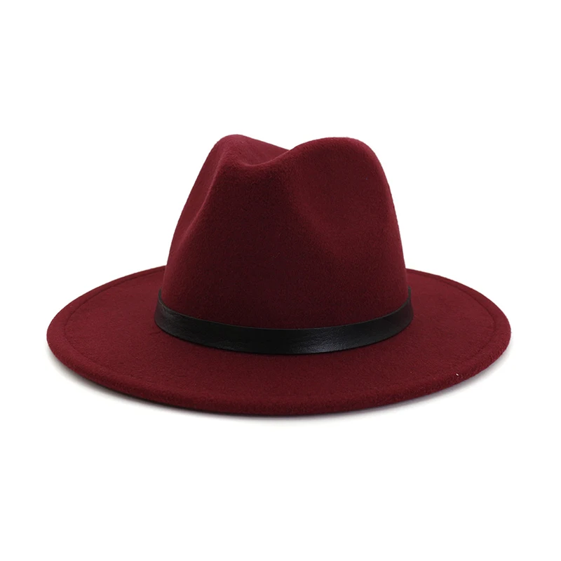 Wine Red fedora FS 15 цветов, женская и Мужская шерстяная фетровая шляпа, элегантная дамская шляпа с широкими полями, джазовые шляпы, осенне-зимняя Кепка для церкви, Панамы, сомбреро - Цвет: Wine Red fedora