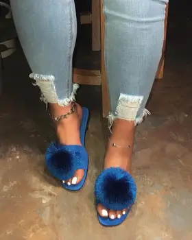 

Summer Women Fur Slides flip Flops Flat Fluffy Slippers Ethnic Tassel Slippers Home Furry Shoes Open Toe Casual Plush Sandals