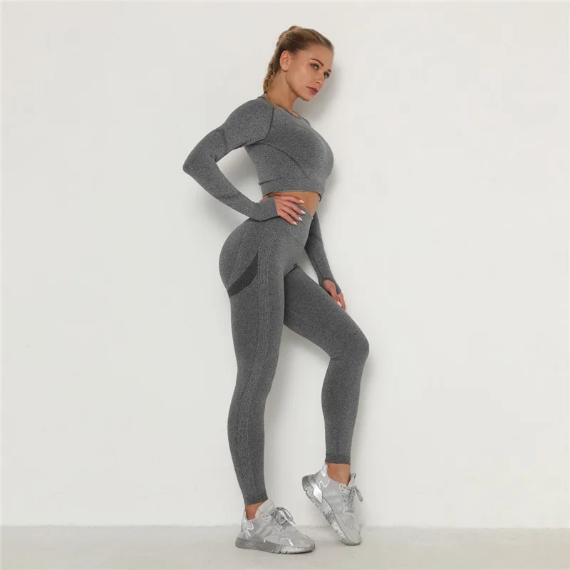 

2 Piece Yoga Set Seamless Workout Clothes For Women Gym Clothing Sexy Yoga Suit Workout Set Fitness Suit Long Sleeve Gym Clothes