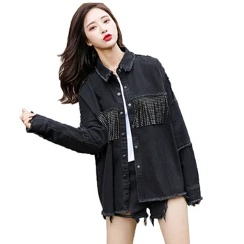 

Autumn New Beaded Tassel Stitching Black Loose Slim Fit Fashion Wild Denim Coat Women