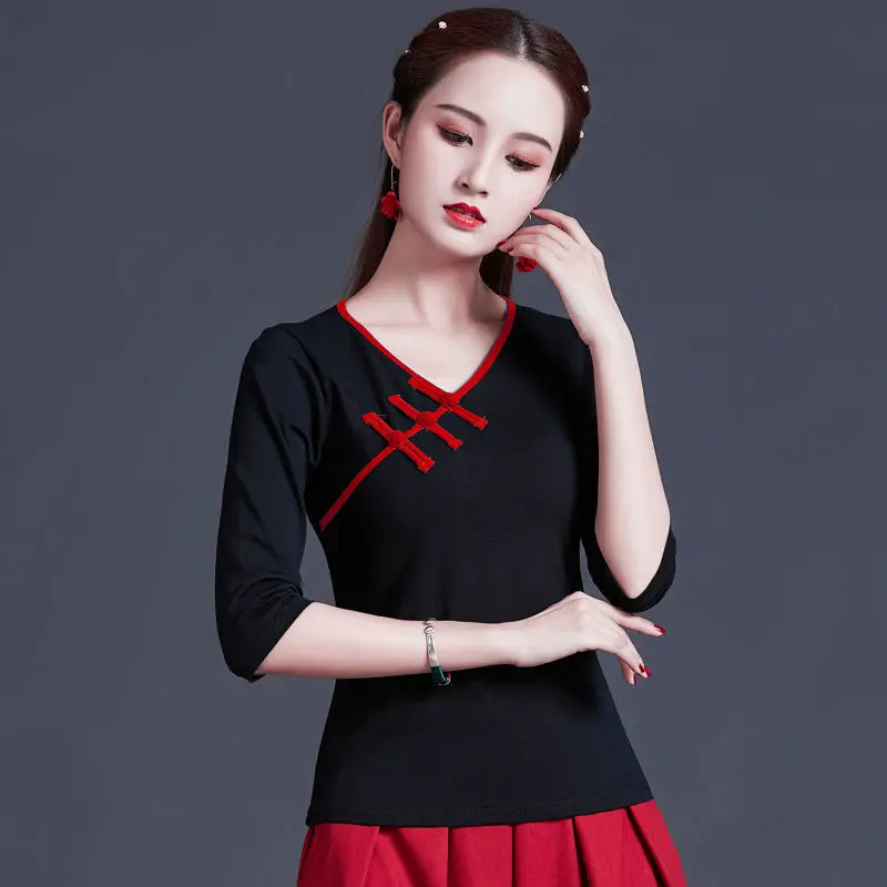 Cheongsam Women's Plus Size Short Tops Summer Cotton Blend Button Splicing Cheongsam Slim fit Chinese Qipao Shirts Woman