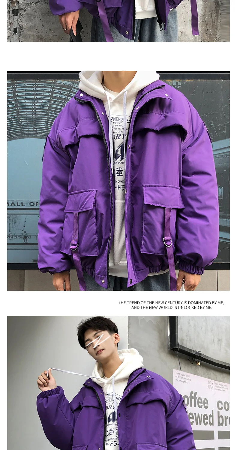 Осенние мужские толстые куртки дизайнерские уличные хип хоп ленты Harajuku ветровка корейская мода молния черный фиолетовый пальто